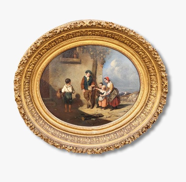 Oil On Canvas, *children With A Guinea Pig* By Louis Tesson 