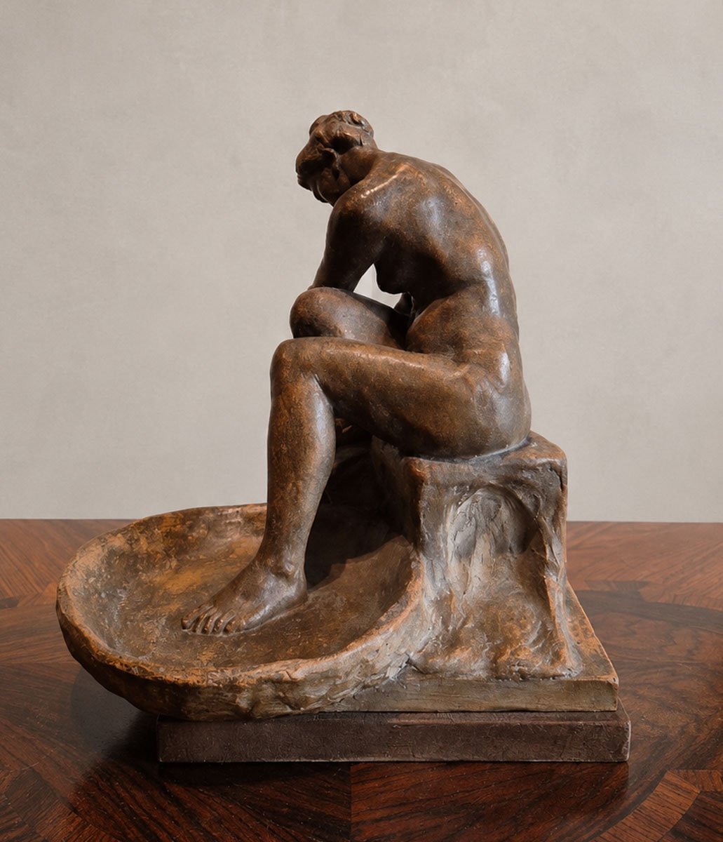 A Large Terracotta Sculpture, *woman At Her Toilet* By Alfred Jean Halou-photo-1