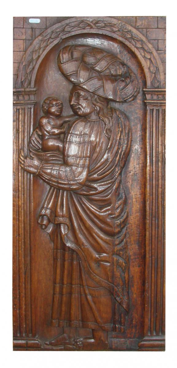 A Holy With Child In Walnut Carved,