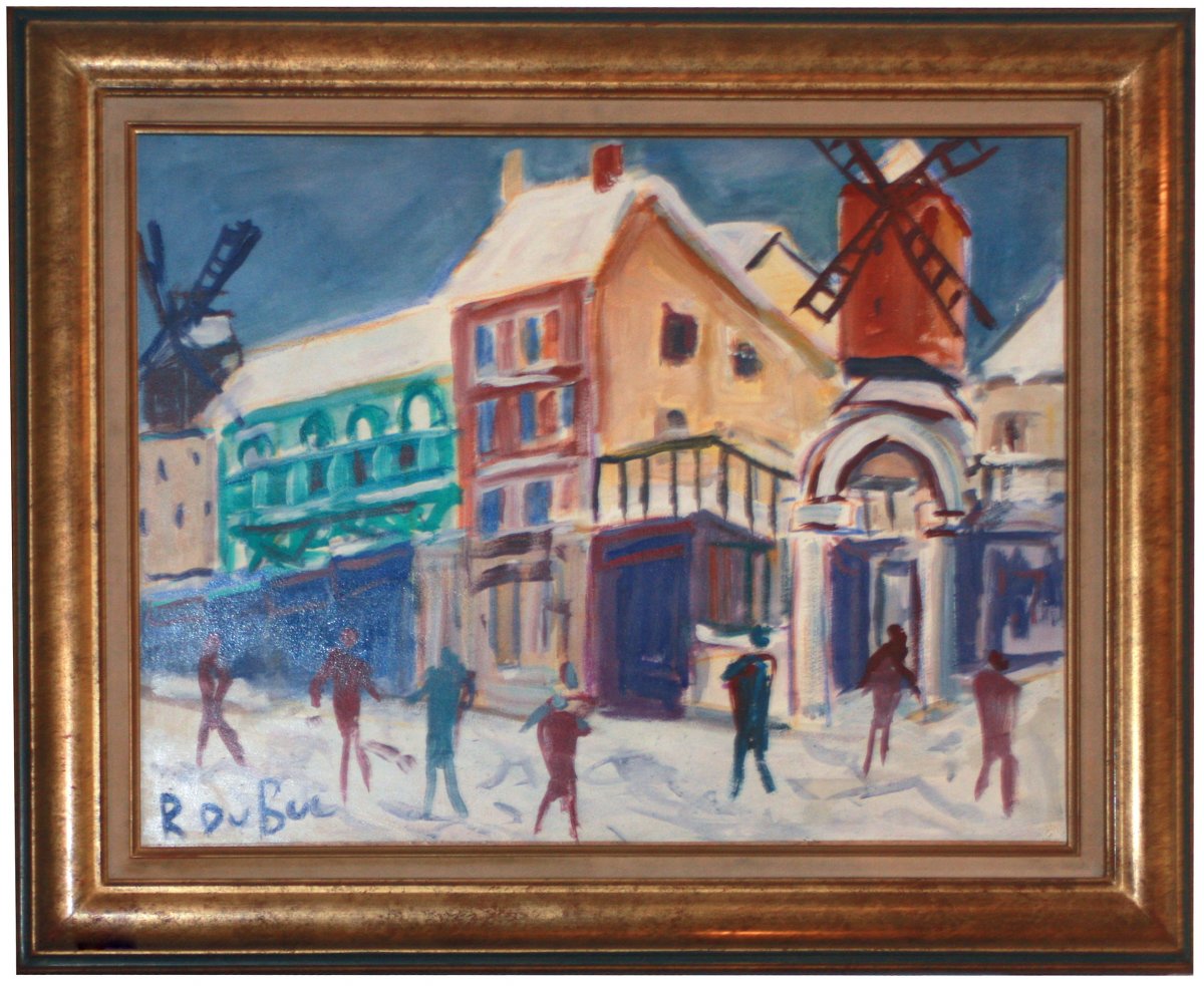 Oil On Canvas, Moulin Royge Under The Snow By Roland Dubuc