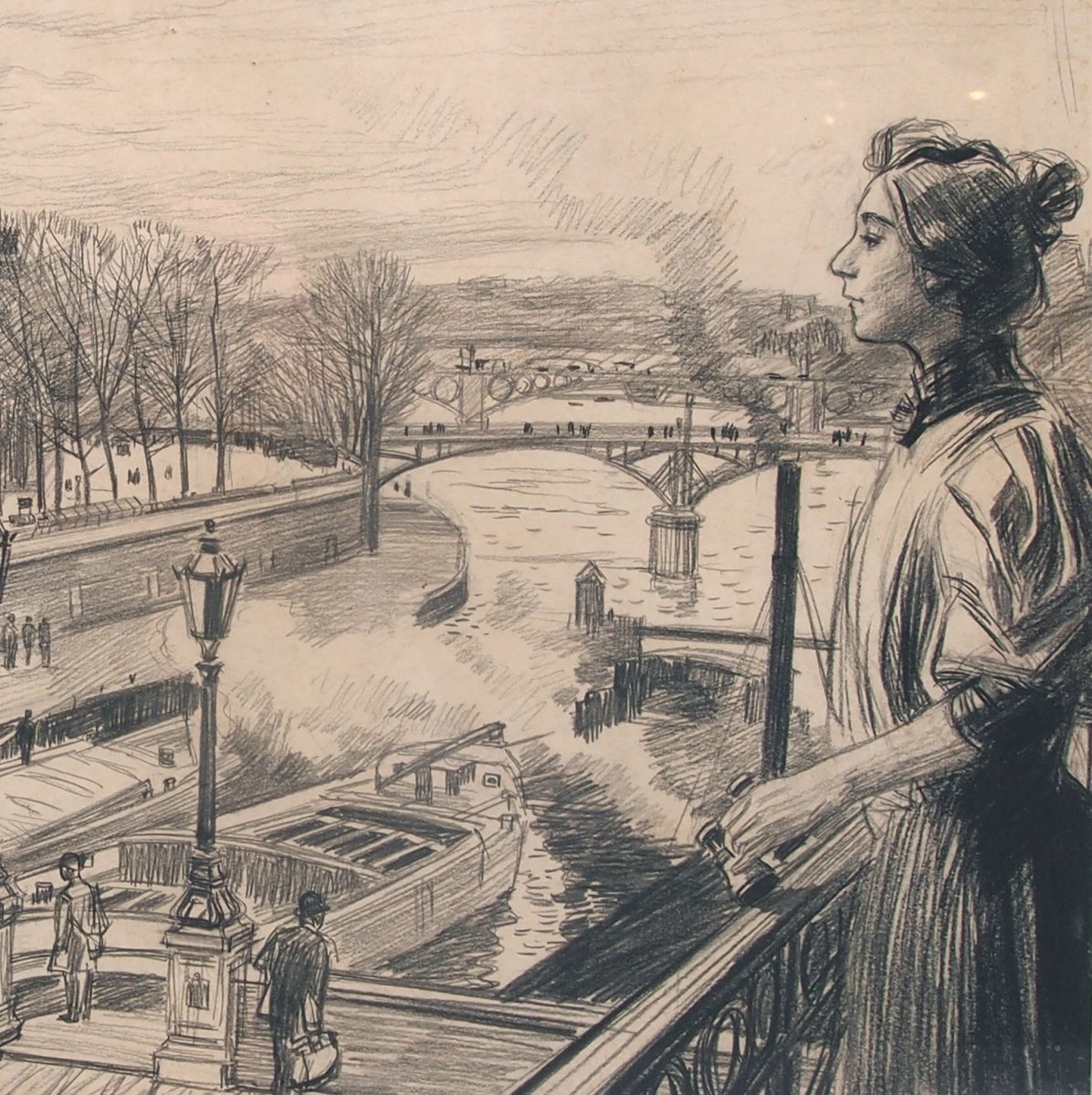 Crayon Noir, Balcon Sur La Seine Par O. Heindbrinck -photo-2