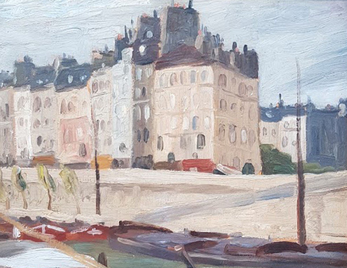 Huile Sur Bois Quai De Seine Par Gaston Balande-photo-3