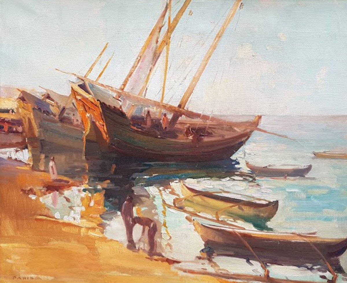 Oil On Canvas, Back From Fishing, By Gaston Parison-photo-4