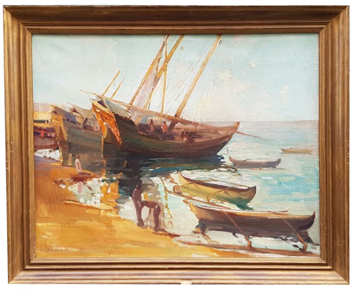 Oil On Canvas, Back From Fishing, By Gaston Parison