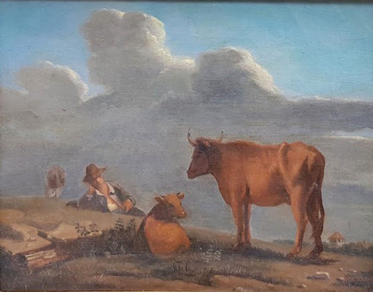  Oil On Canvas, Shepherds With His Cow, End 18 Th Begining 19th-photo-2