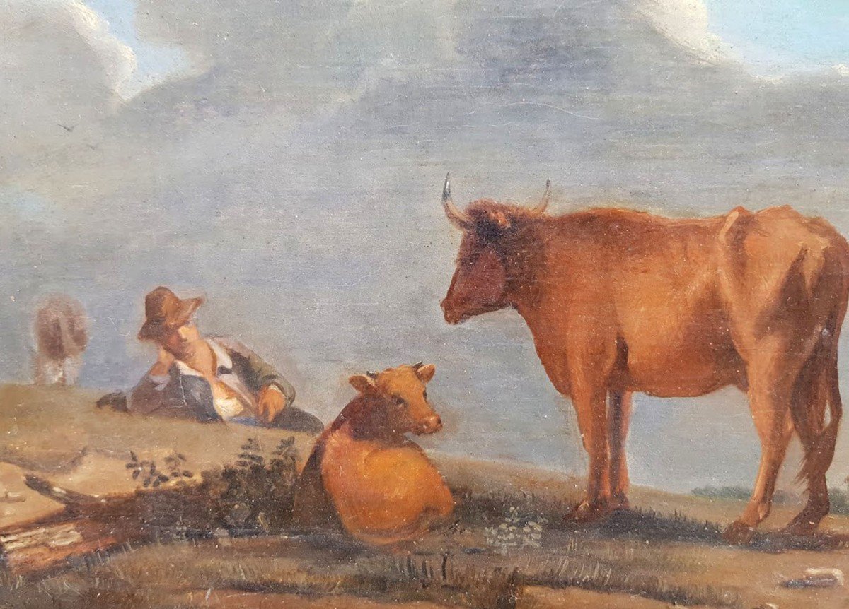  Oil On Canvas, Shepherds With His Cow, End 18 Th Begining 19th-photo-3