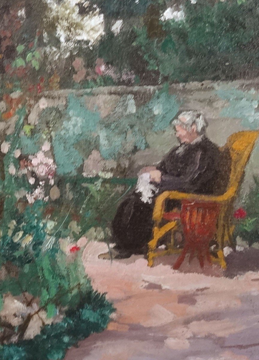 Personnage assis dans un jardin , Signé R.r Messine-photo-3
