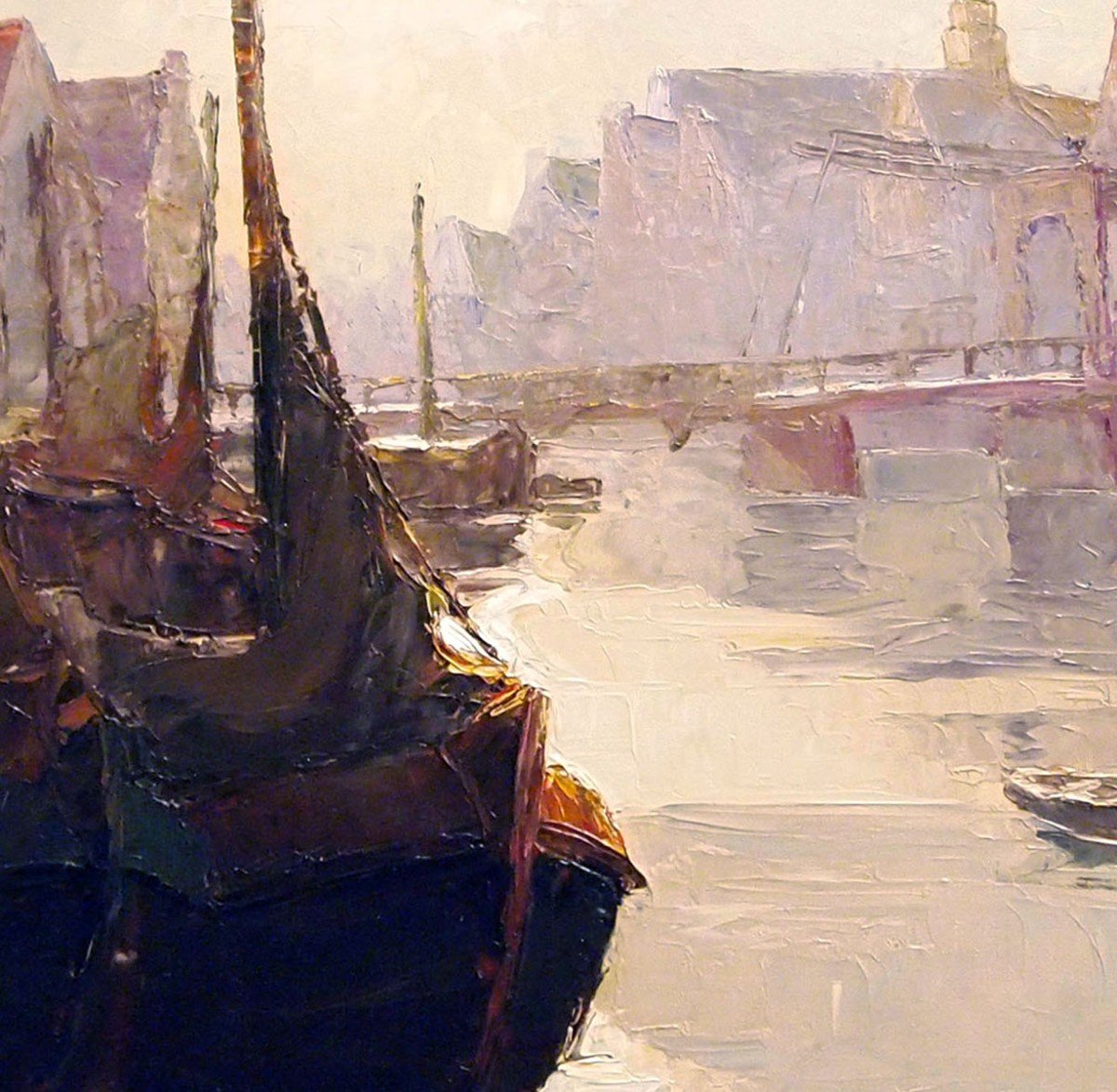 Oil On Panel, Boats In Port, By Thérèse Clément-photo-3