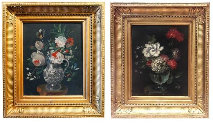 Pair Of Oils On Canvas Bouquets Of Flowers Late 18th 