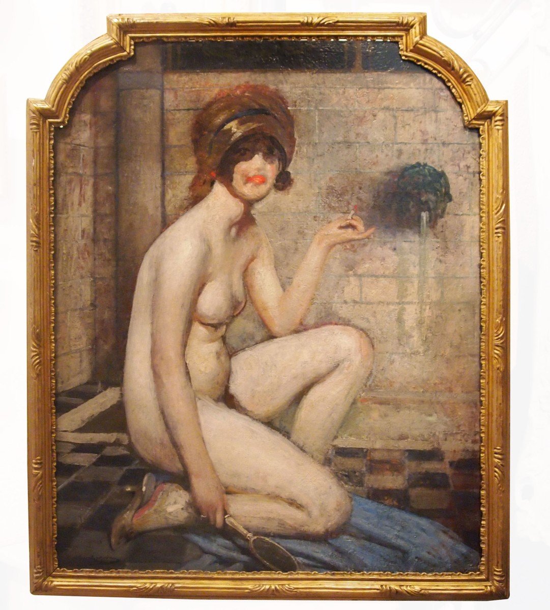 Oil On Cardboard Elegant With Ribbon In The Bath By William Laparra