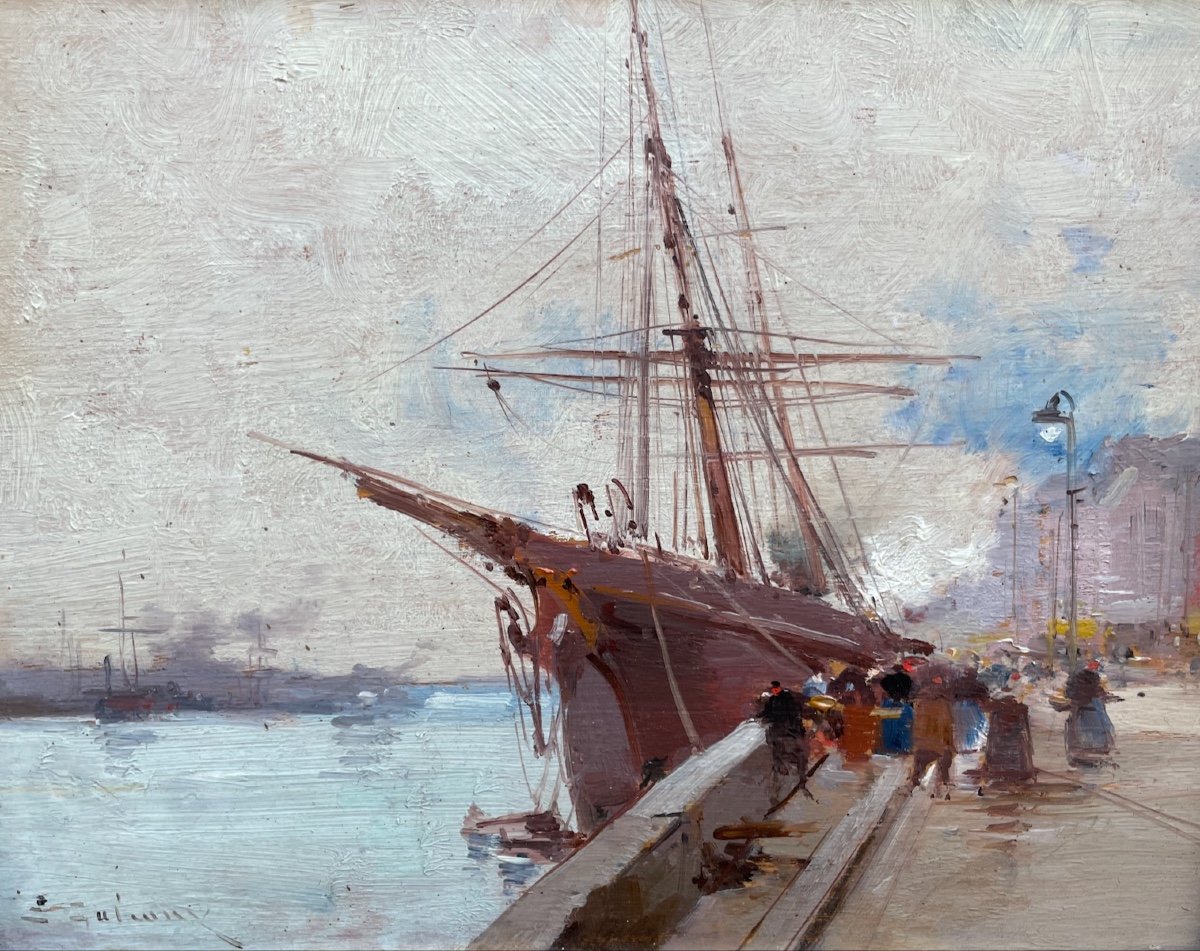 Huile sur panneau Marine animée avec bateau par Eugène Galien-Laloue-photo-2