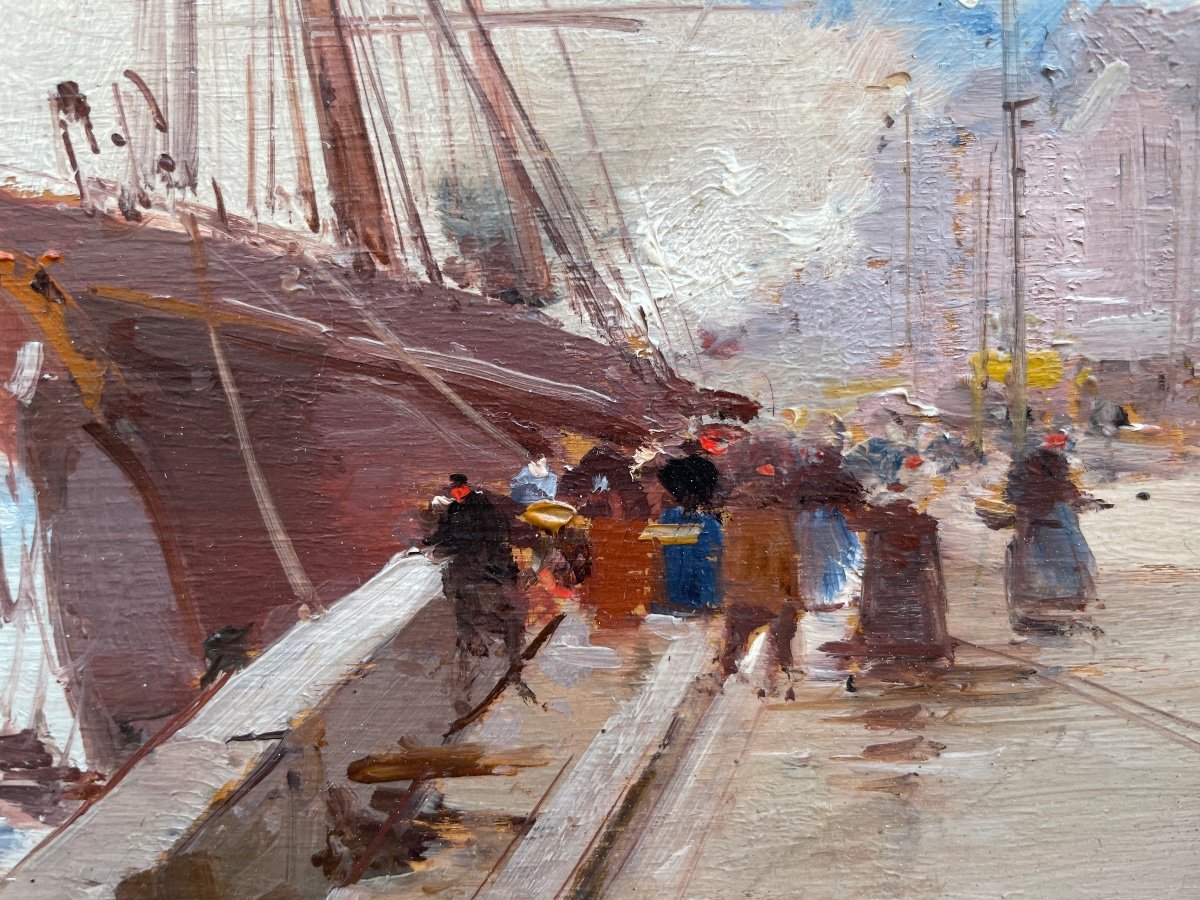 Huile sur panneau Marine animée avec bateau par Eugène Galien-Laloue-photo-3