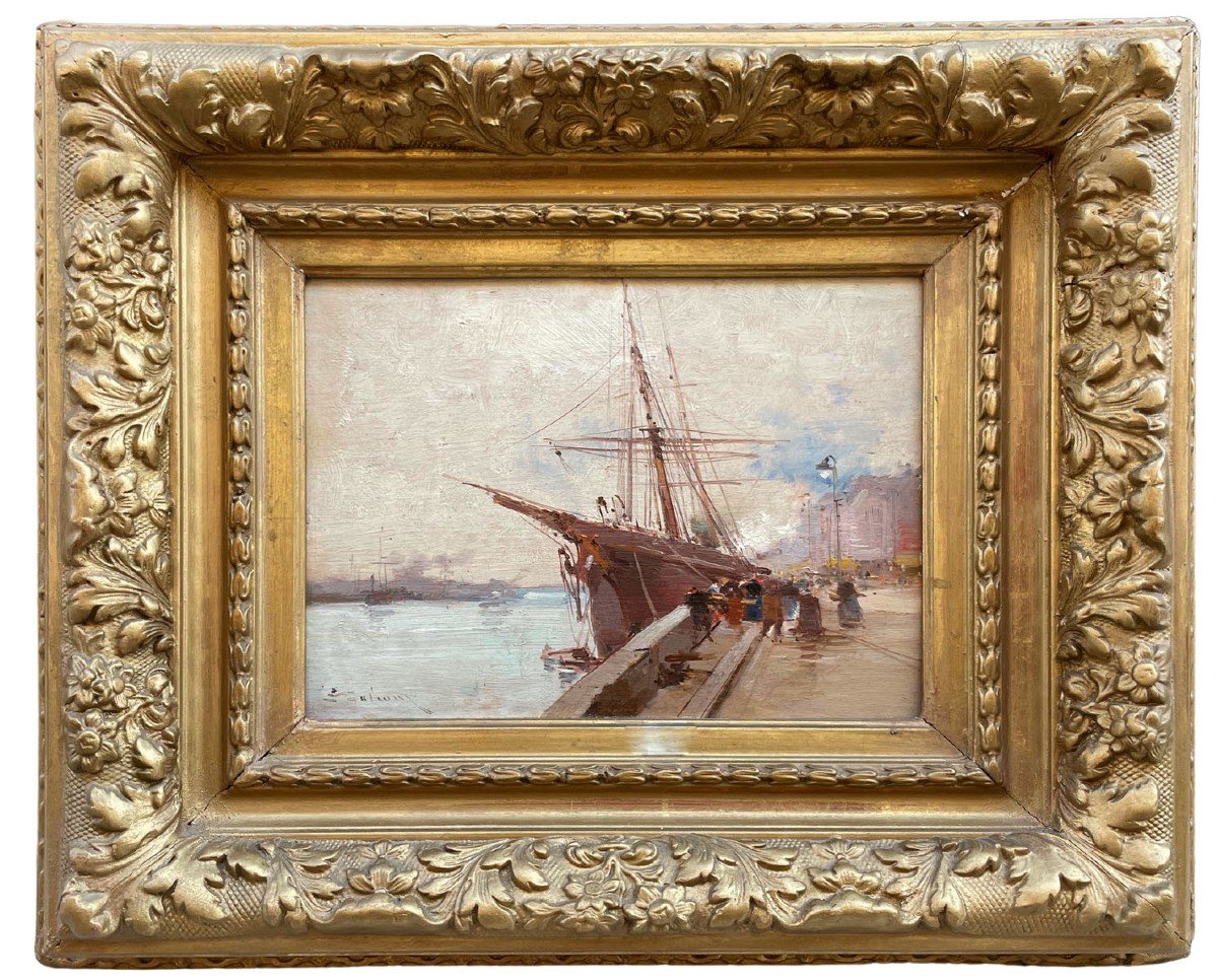 Oil On Pannel Marine Animated With Boat By Galien-laloue 