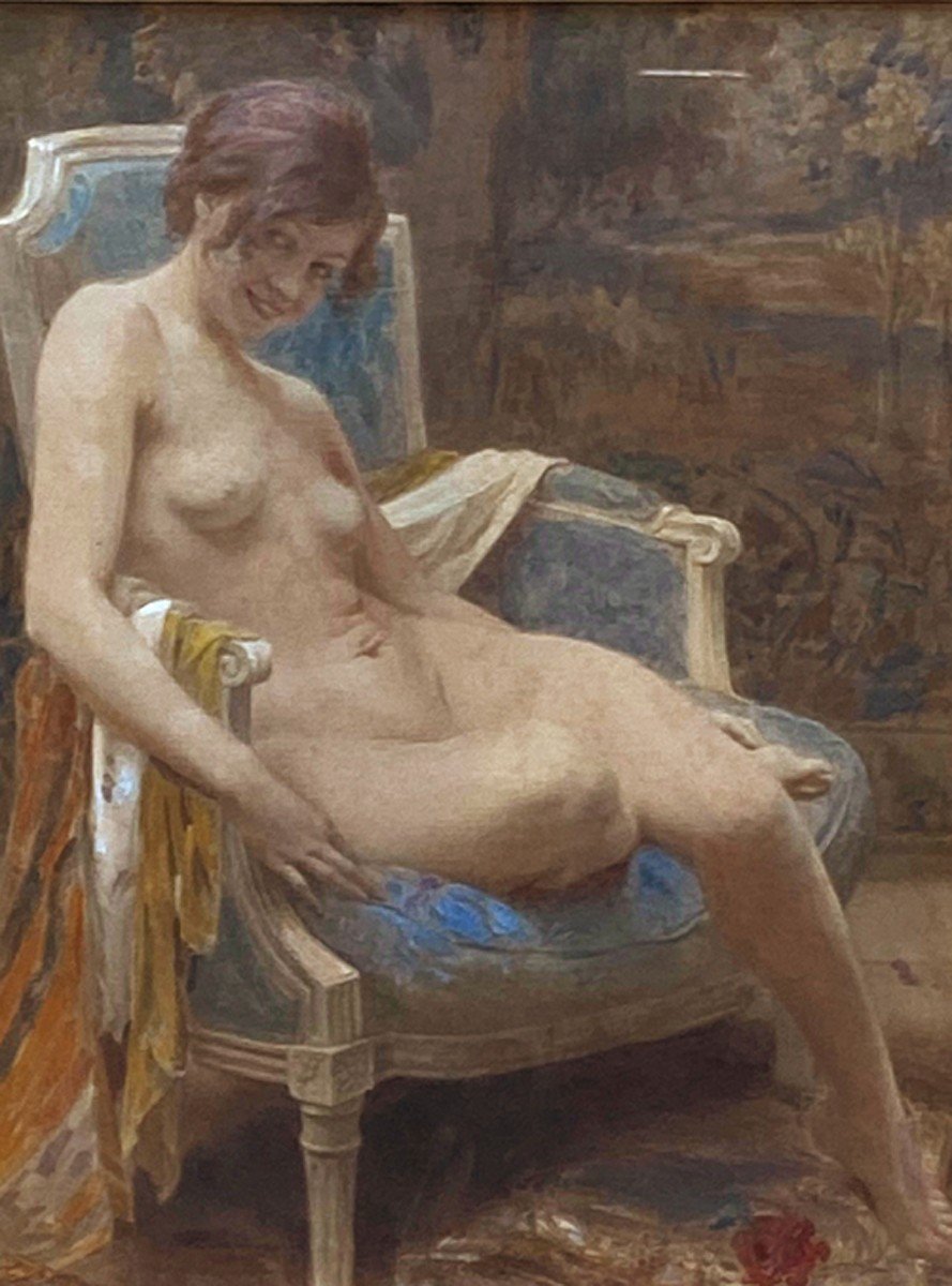 Watercolor On Silk, Nude In An Armchair, Circa 1900-photo-2