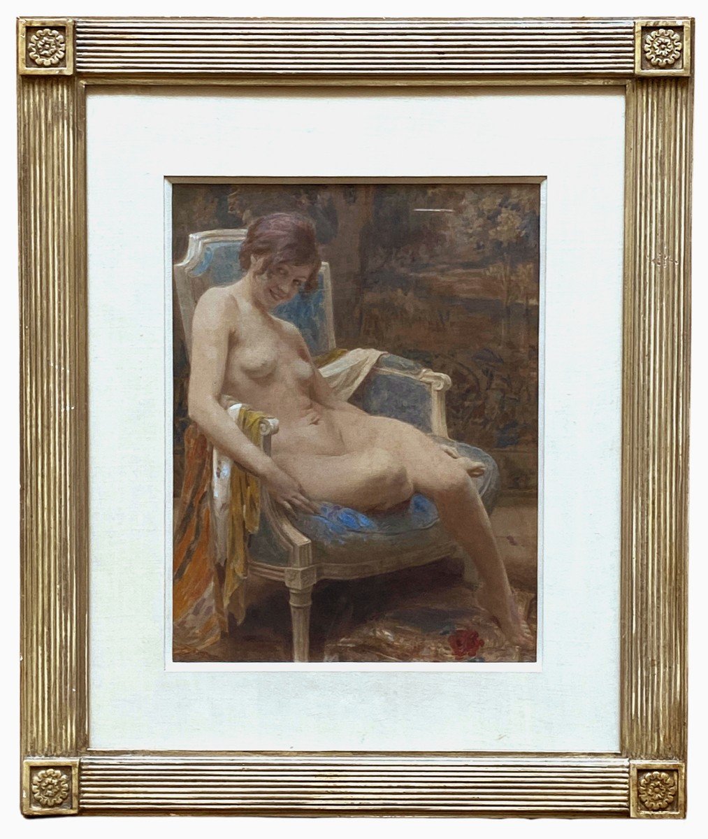 Watercolor On Silk, Nude In An Armchair, Circa 1900