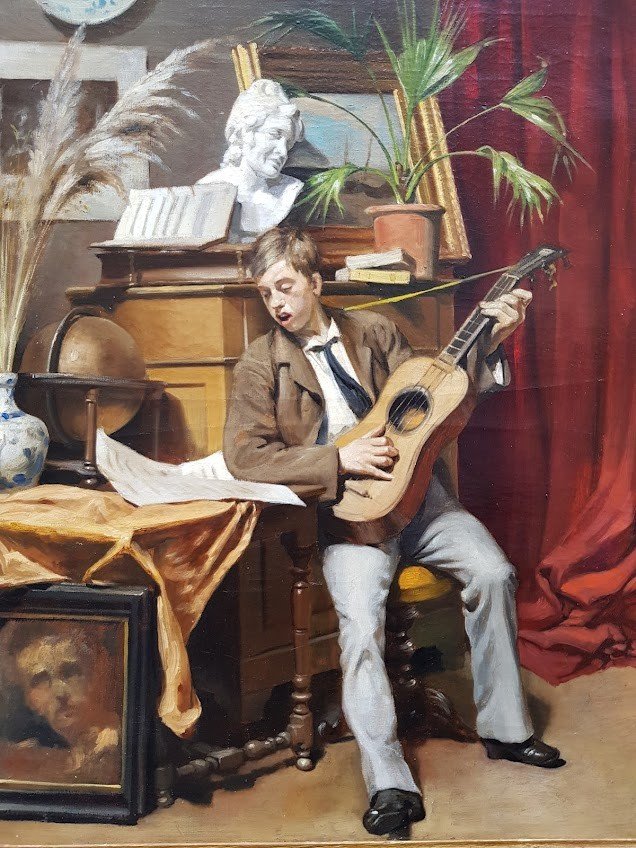 Oil On Canvas, The Guitar Lesson Late 19th-photo-2