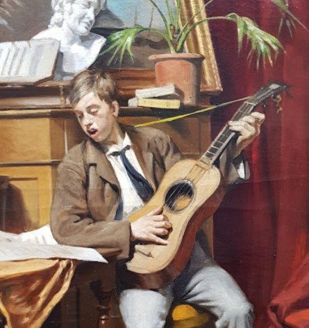 Oil On Canvas, The Guitar Lesson Late 19th-photo-3