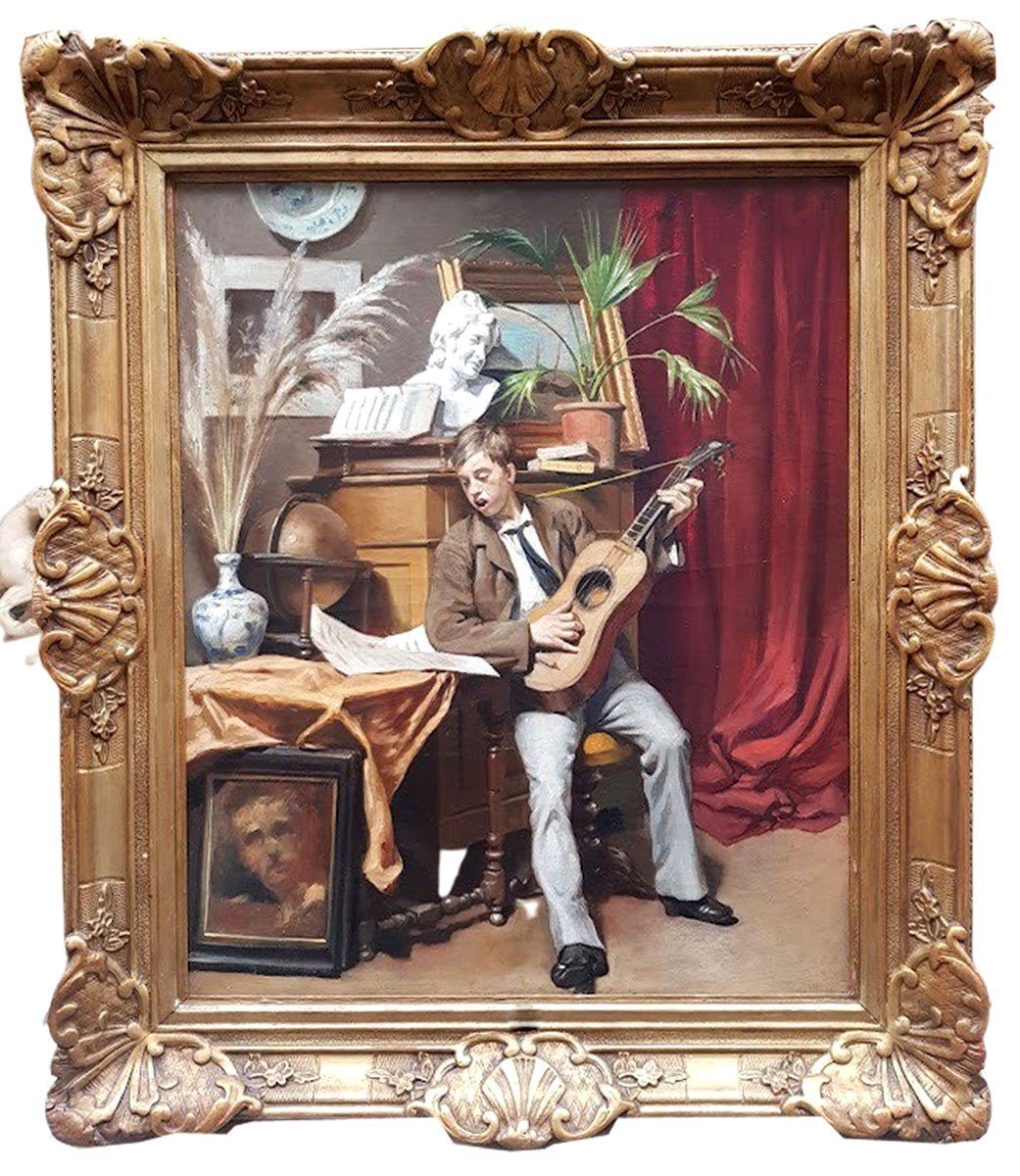 Oil On Canvas, The Guitar Lesson Late 19th