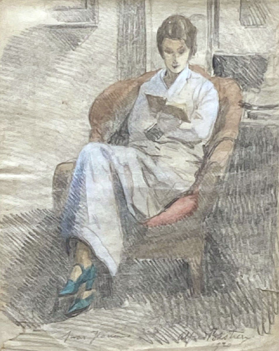 Watercolor Drawing, Reading By Alfred Bastien-photo-2