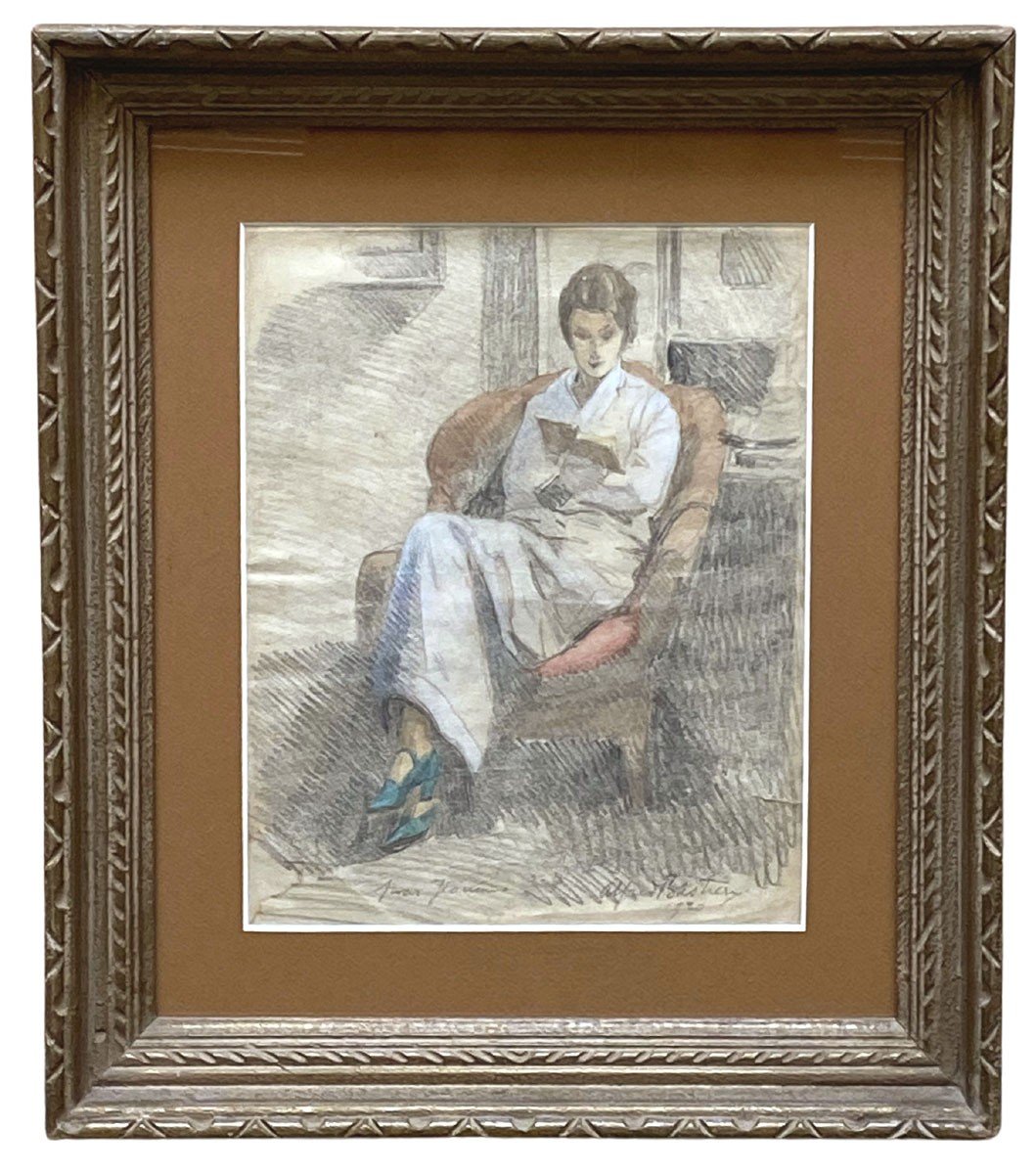 Watercolor Drawing, Reading By Alfred Bastien