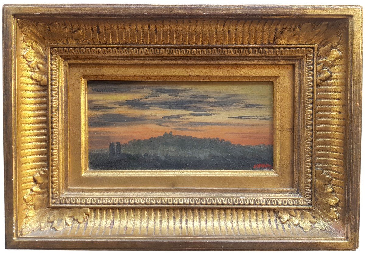 Small Oil Mounted On Wood, View Of Paris At Twilight By Alexandre René Veron