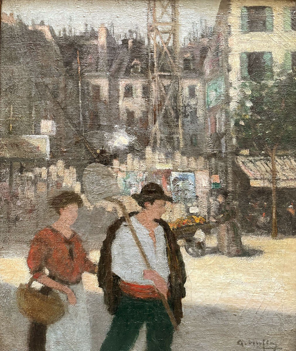 Oil On Canvas, Couple In Front Of A Building Under Construction, Dated 1913-photo-2