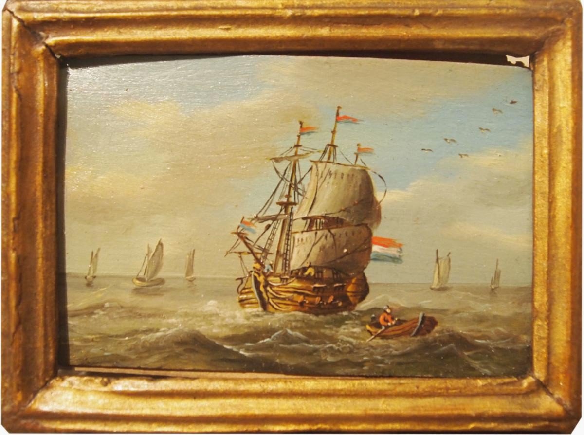 Pair Of Small Oils, Marines Dated 1788-photo-2