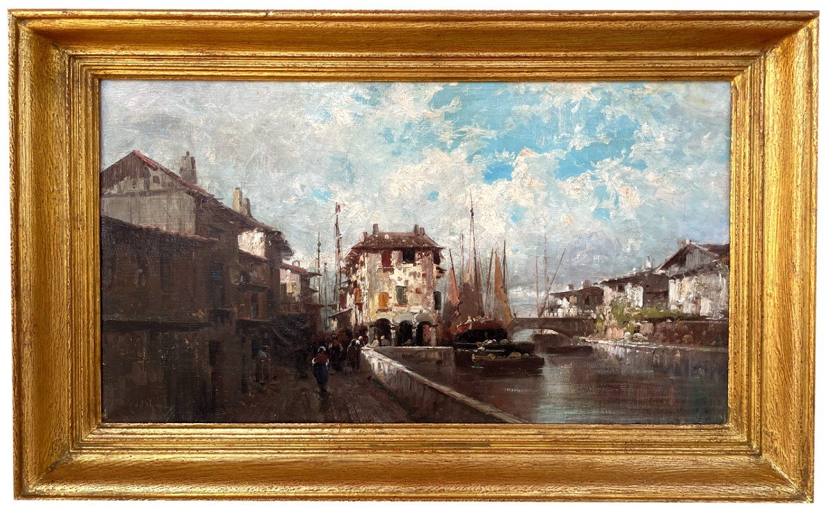 Oil On Canvas, Port Animated By Emile Godchaux