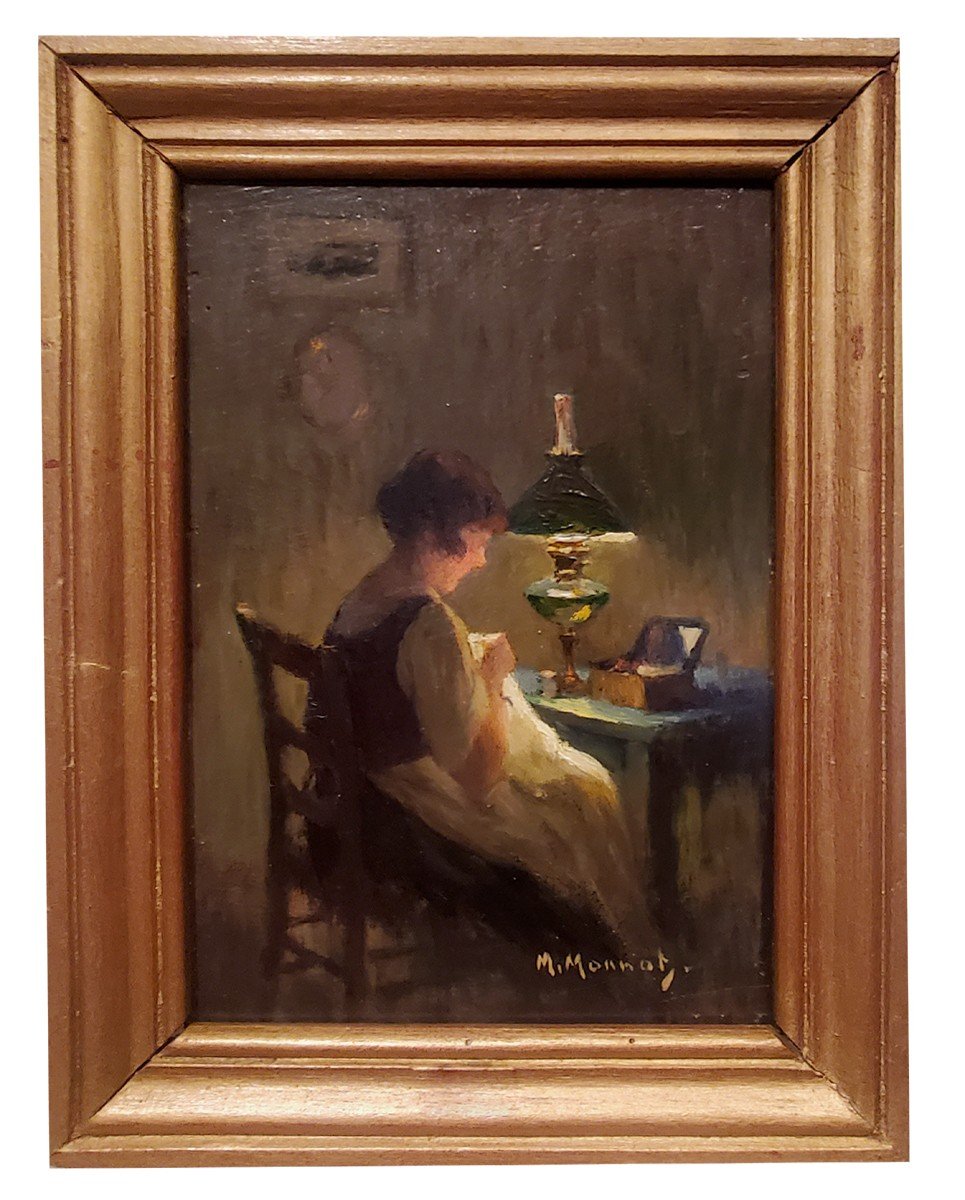 Oil On Panel, The Seamstress By Maurice Monnot-photo-2