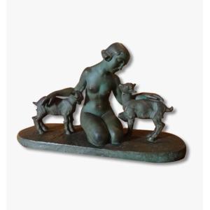 Terracotta, Nude With Goats By Lucien Alliot