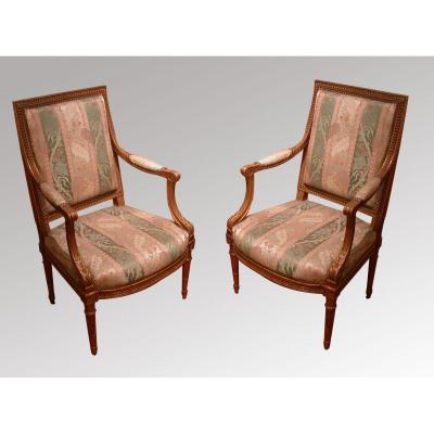 Pair Of Armchairs In Golden Wood Louis XVI Style