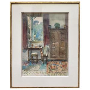 Pair Of Watercolours; Interiors, By Louis Agricole Montagne