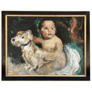 Oil On Canvas, Child And His Dog By Jeand E Botton