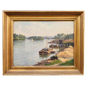  Huile Sur Panneau Bord De Rivière Avec Péniche Par Victor Brugairolles