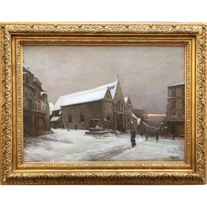 Oil On Canvas, Village Under The Snow Patr Gaston Hoffmann