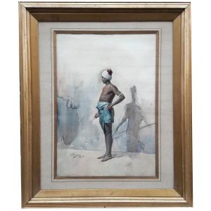 Watercolor, Young African By Gustavo Simoni. Dated 1879