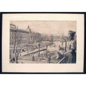 Un Dessin, La Seine Et Le Pont Des Arts Par Oswald Heindbrinck 