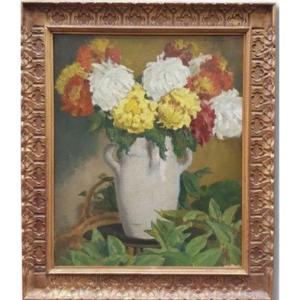 Oil On Canvas, Bouquet Of Flowers By Charles Auguste Edelmann