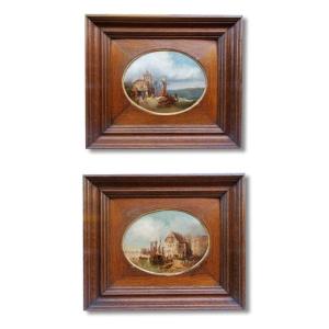 A Pair Of Oils On Wood, Seaside Villages By Huron