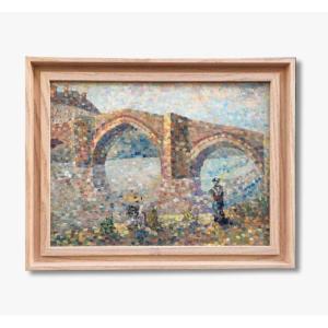 An Oil On Panel, Paris Bridge With Fisherman, Pointillist School 