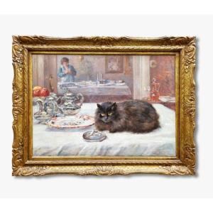 An Oil On Canvas, Interior With A Cat By Léon Houbaer