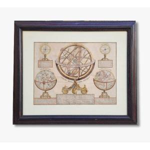 Gravure Aquarellé, Sphère Armillaire 18ème 