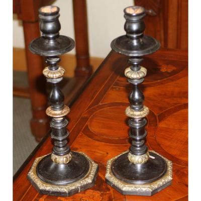 Candle Holders In Blackened Wood And Bronze Style Louis XIV
