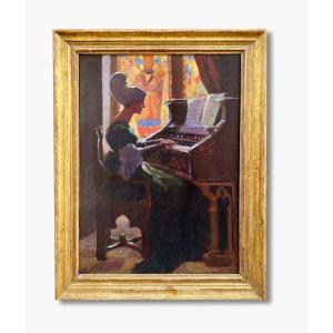 Huile sur panneau, Femme à l'orgue par Edmond LAPEYRE