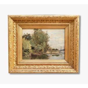 Une huile sur papier Bord de Rivière par Edmond PETITJEAN 
