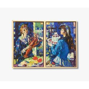 Huiles sur toiles, Arlequin et la jeune fille au gâteau par Luigi CORBELLINI