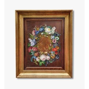Huile sur bois, Couronne de fleurs par Henri Jehin