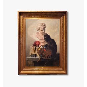 Huile sur toile, Singe à la palette par Charles MONGINOT