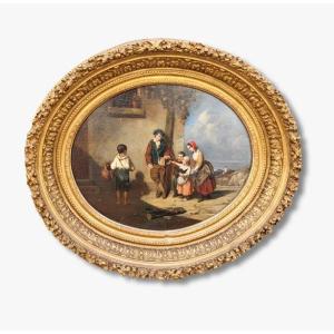 Huile sur toile, Enfants au cochon d'inde par Louis TESSON