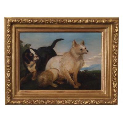 An Oil On Panel, Dogs In A Landscape